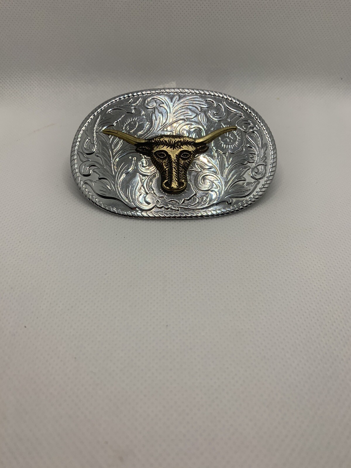 Silver And Gold Toned Longhorn Steer Cattle Belt Buckle Cowboy Cowgirl