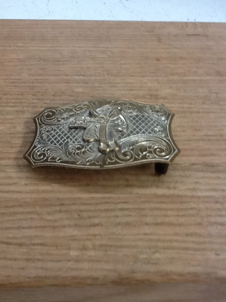 Vintage Western Horse Saddle Belt Buckle Solid Brass Engraved Floral Gold Tone