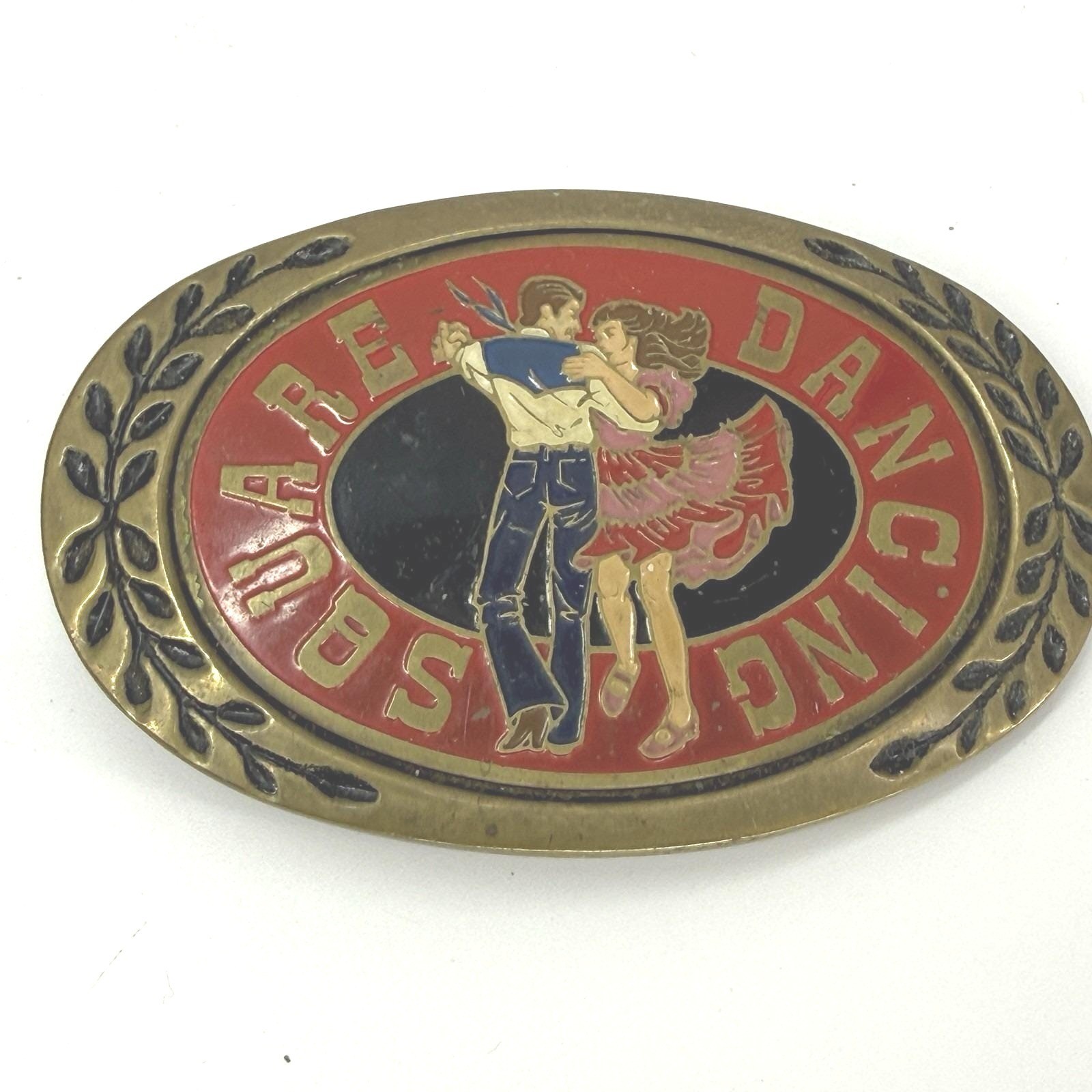 VINTAGE ADM SQUARE DANCING BELT BUCKLE RED ENAMEL Western