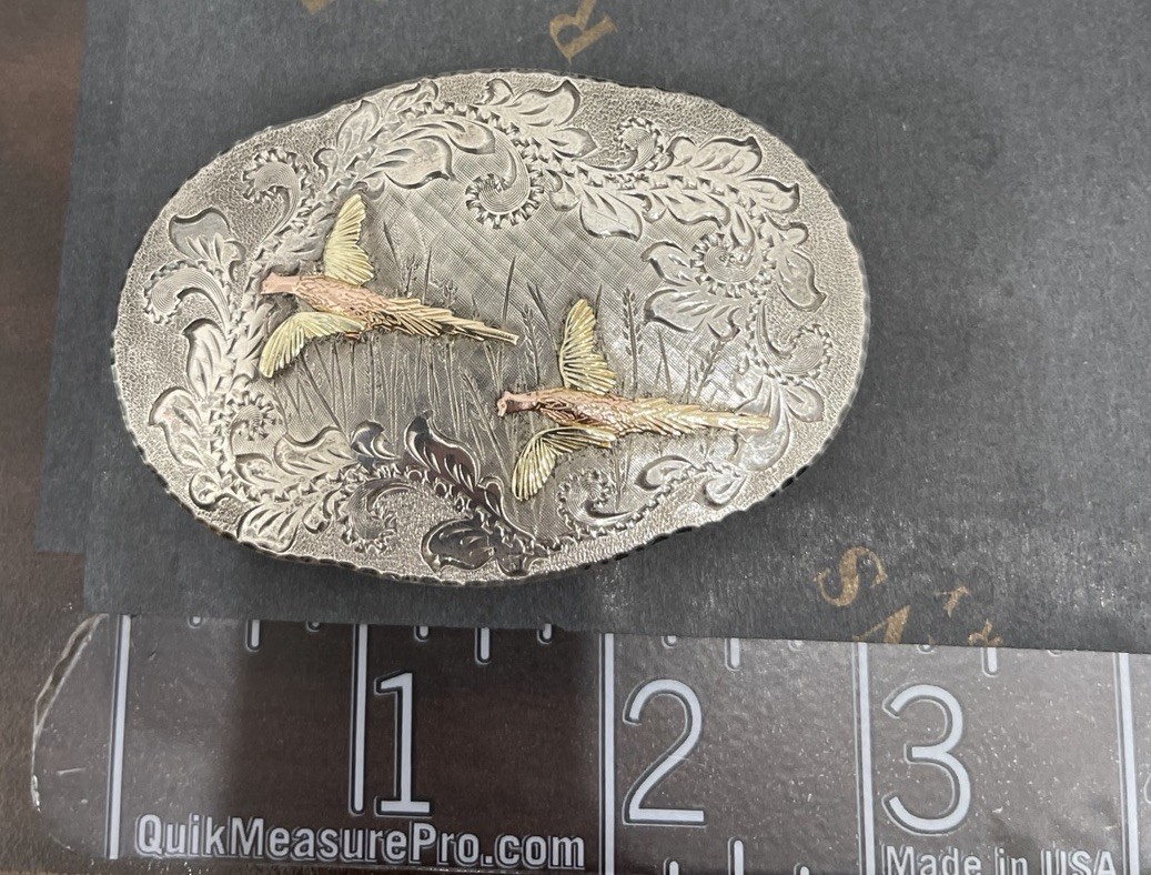 BHJ Co Sterling 10k Multi Color Black Hills Belt Buckle Hand Engraved Pheasants