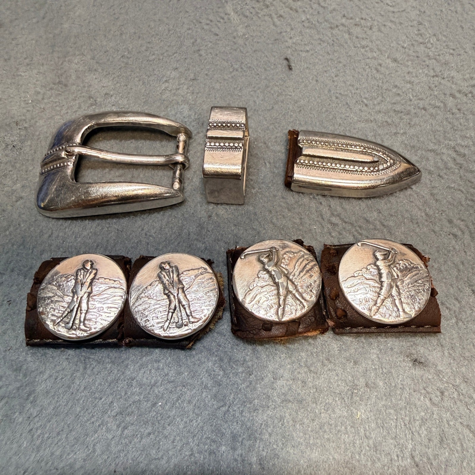 Onyx by Brighton Vintage 1998 Golf Belt Buckle Set Keeper Tip 4 Conchos Silver