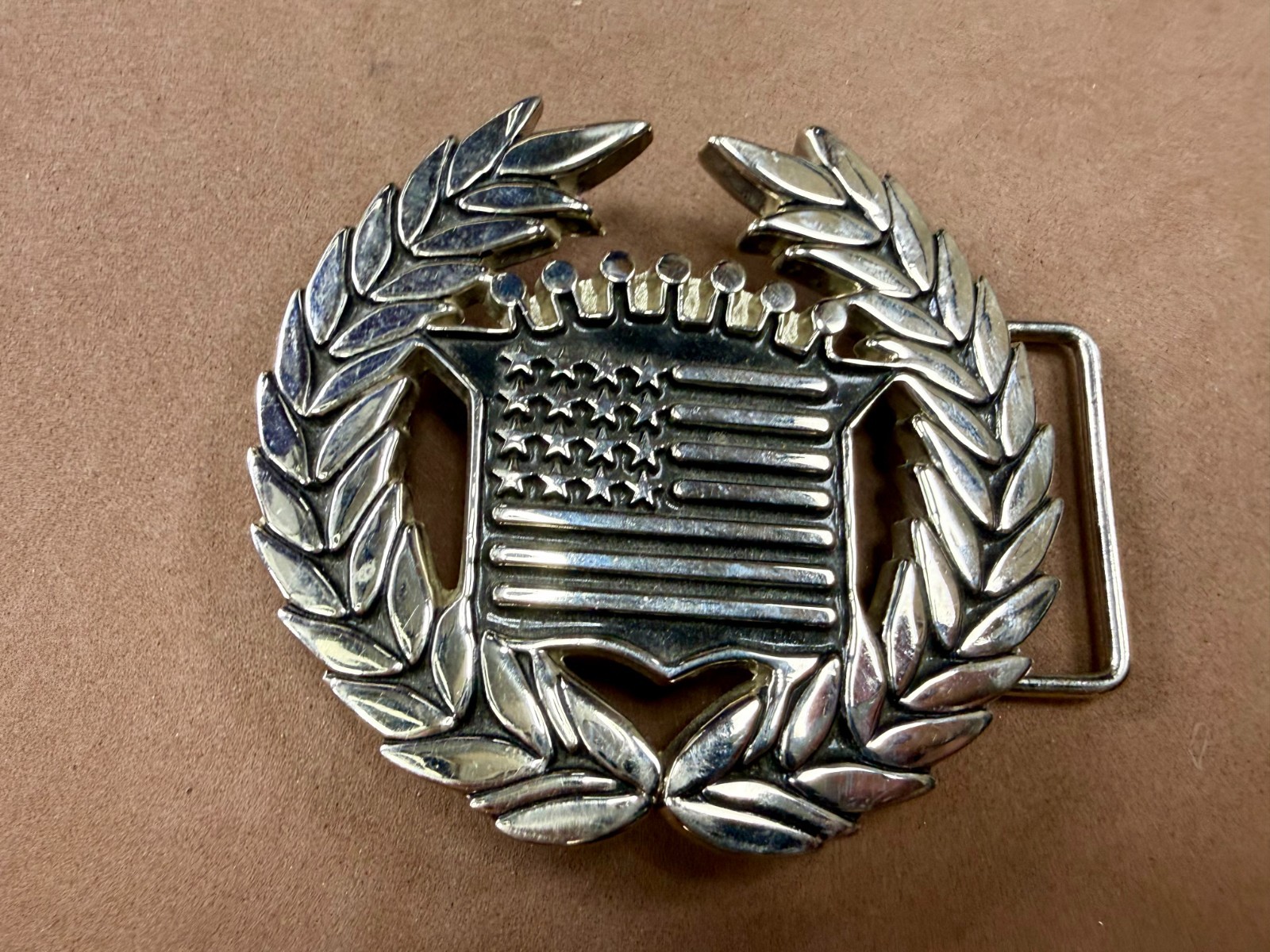 Cadillac Crown Logo Olive Branch Silver Color Famous Stars & Stripes Belt Buckle