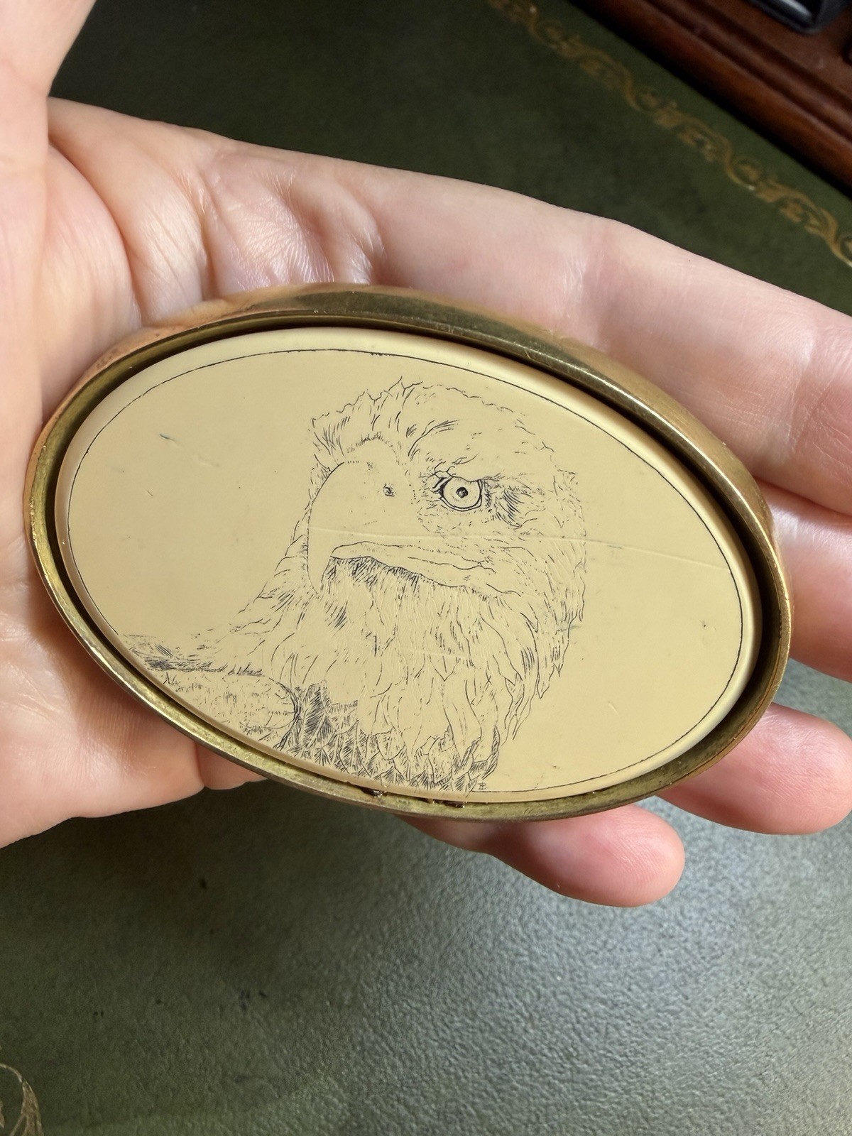 Vintage BARLOW Solid Brass Belt Buckle Bald Eagle Scrimshaw Style Southwestern