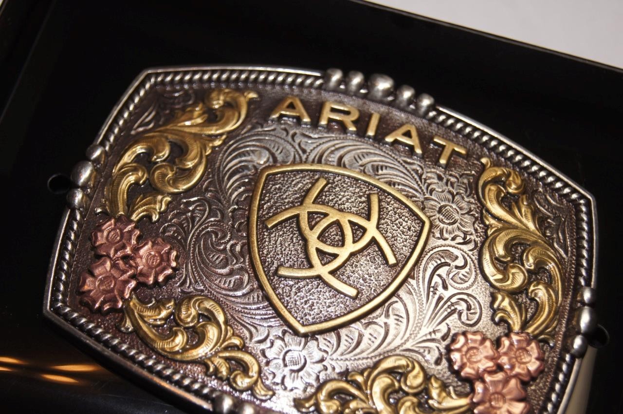Ariat Western Belt Buckle Rectangle Floral Logo Silver & Gold Tone A37066