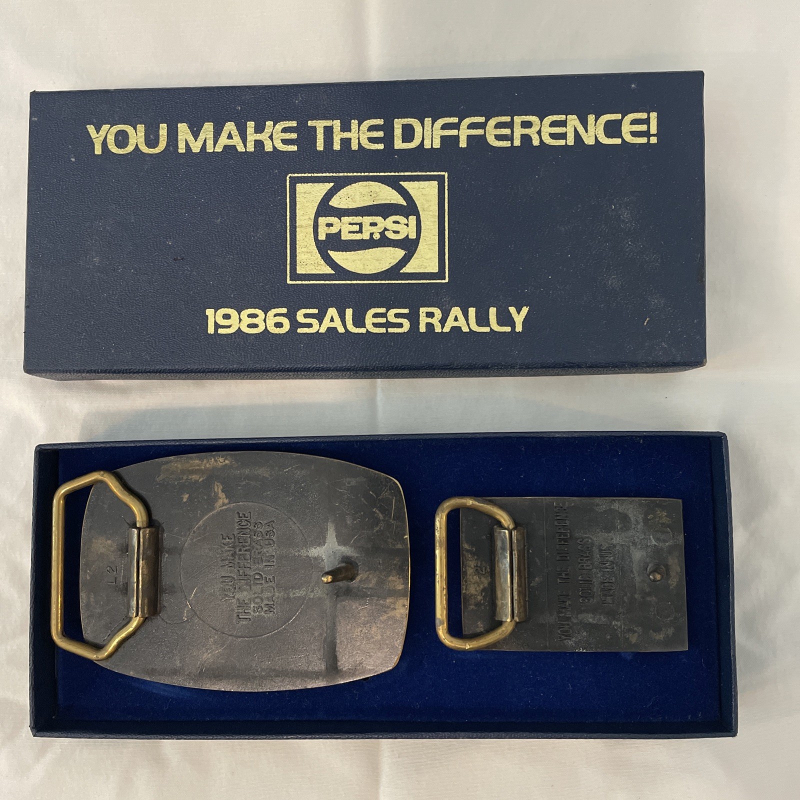 NIB Vintage SET Of 2 Brass PEPSI COLA Soda Pop 1986 SALES RALLY Belt BUCKLES