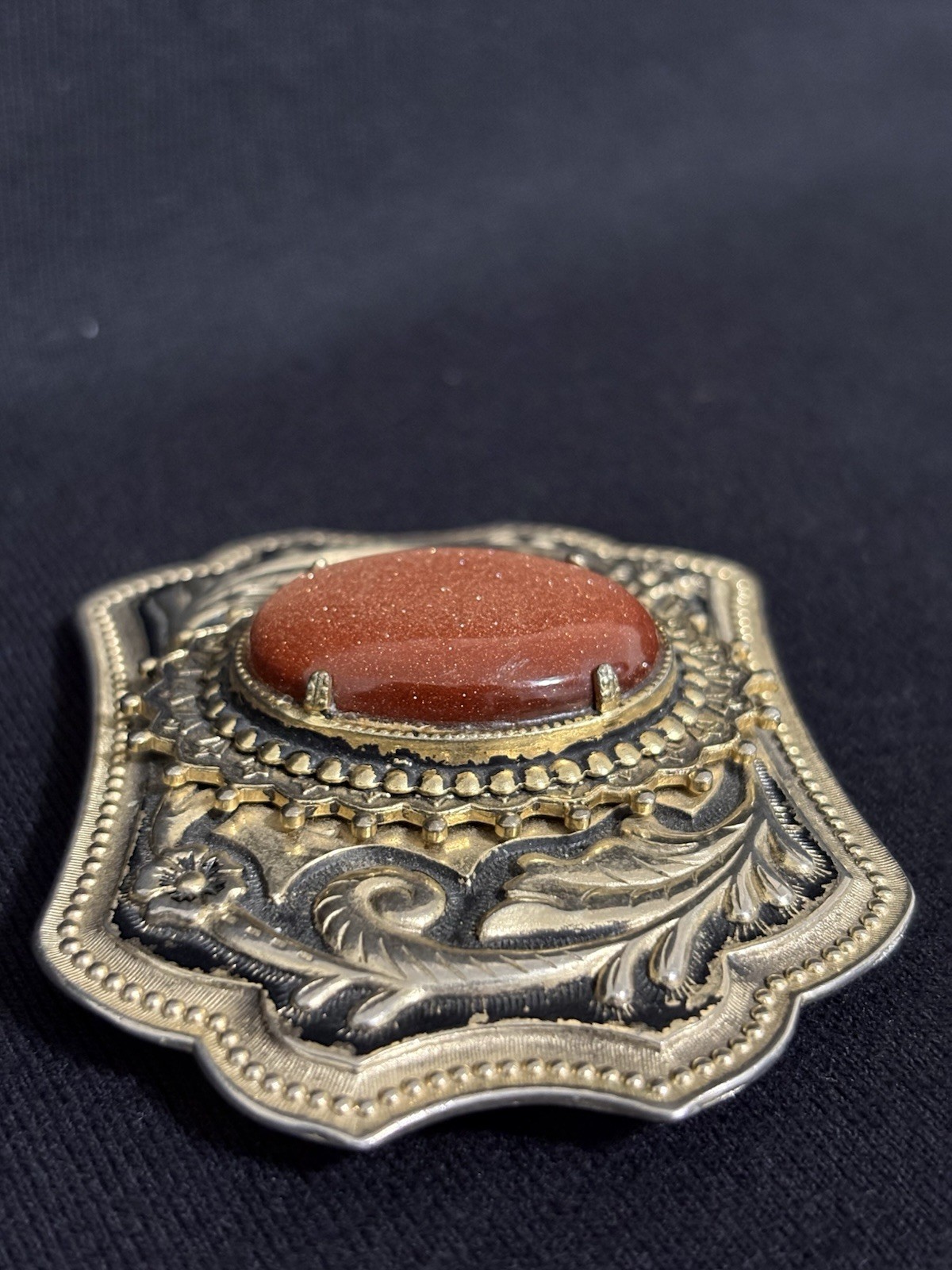 Vintage Western Goldstone Belt Buckle Ornate Floral Engraved Cowboy Rodeo Wear