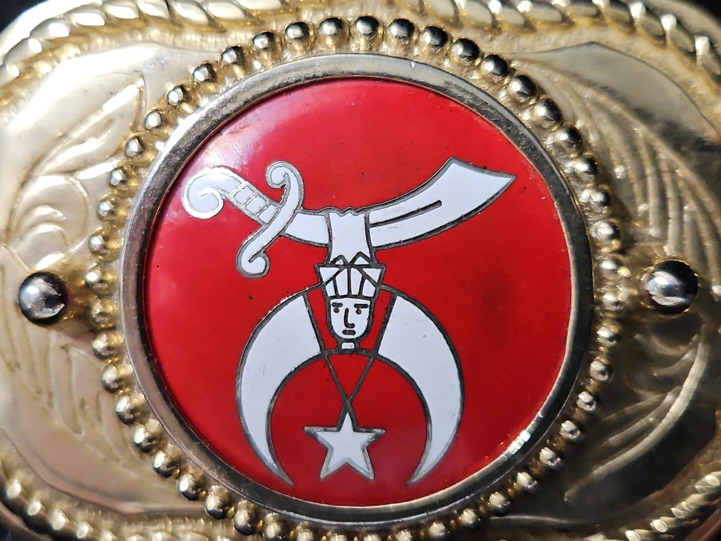 SHRINER Vintage GoldTone Red/White Star Sword Belt Buckle