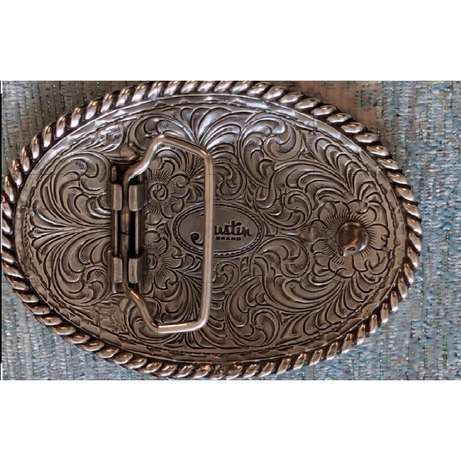 Justin Belt Buckle Western Cowboy Silver Tone Oval Engraved Floral Rope Edge