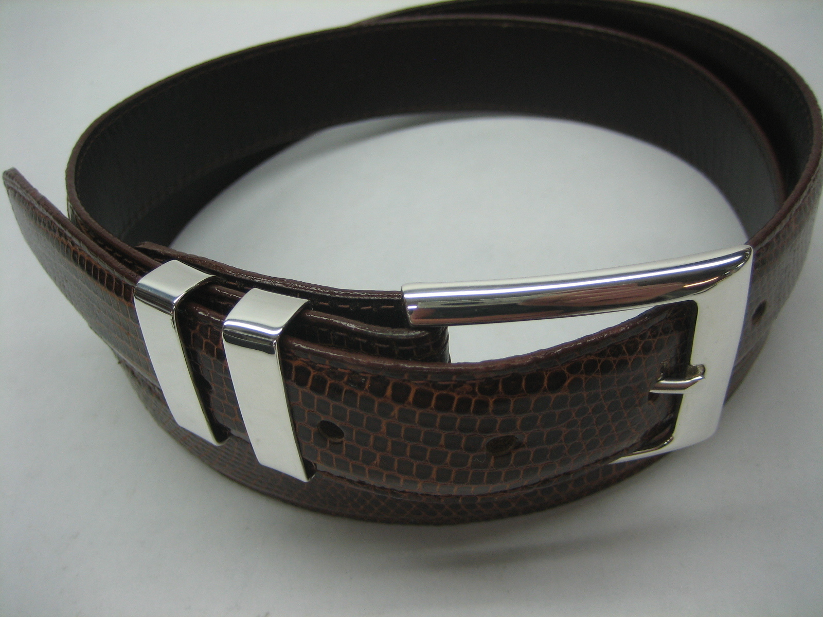 Sterling silver 925 three piece buckle set and Genuine Lizard 30 mm belt U.S.A..