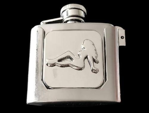 MUD FLAP SEXY NAKED WOMAN TRUCKER GIRL BUCKLE 2 oz FLASK BELT BUCKLE
