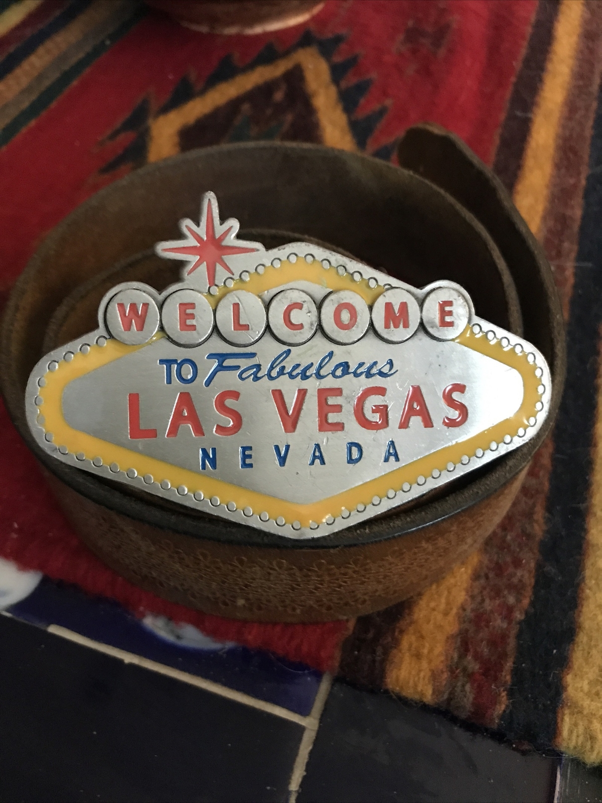 Welcome to Las Vegas Sign Pewter Metal Belt Buckle – 2003 35”leather Belt Too