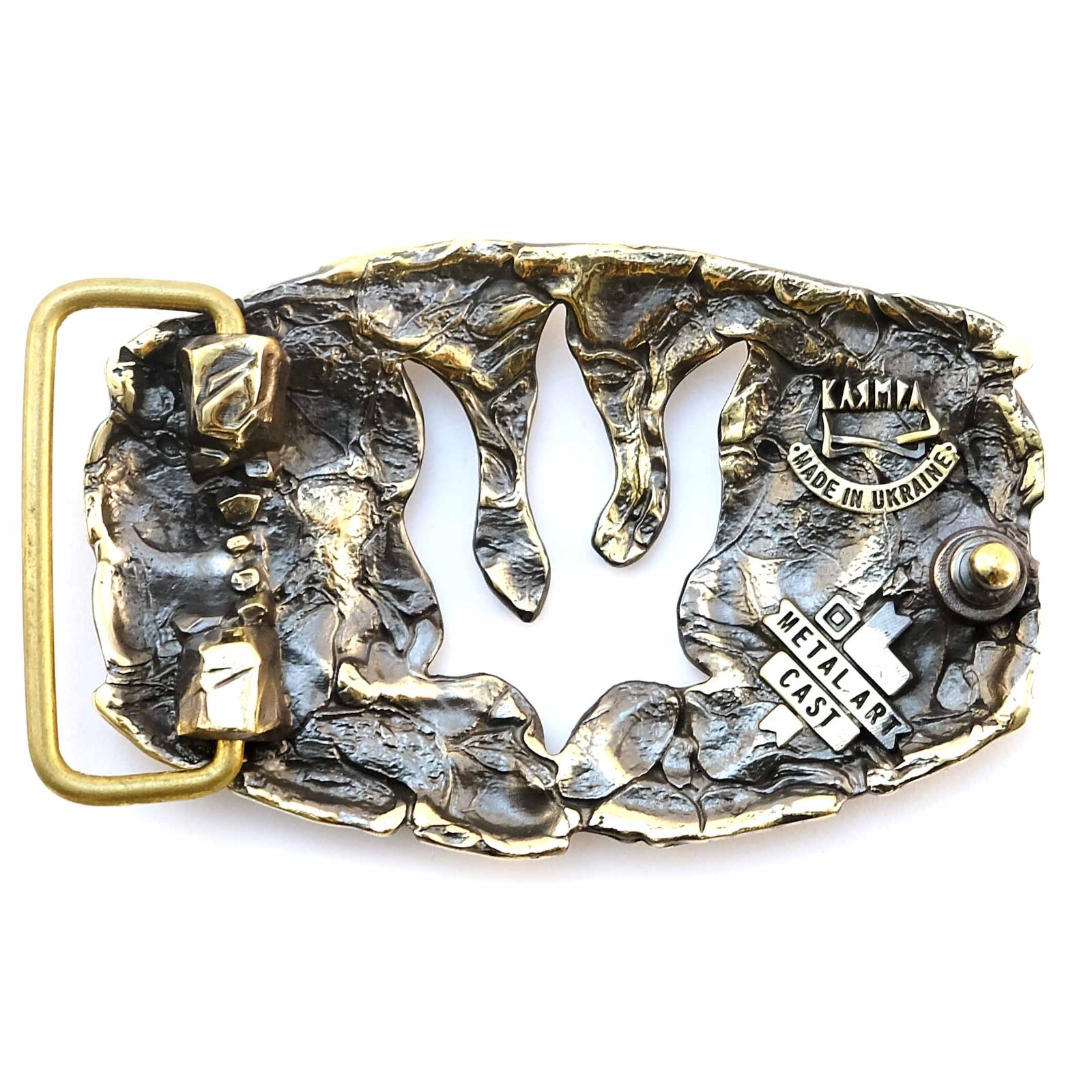 Handmade brass belt buckle Lava Trident, Ukrainian Polygonal Low poly design