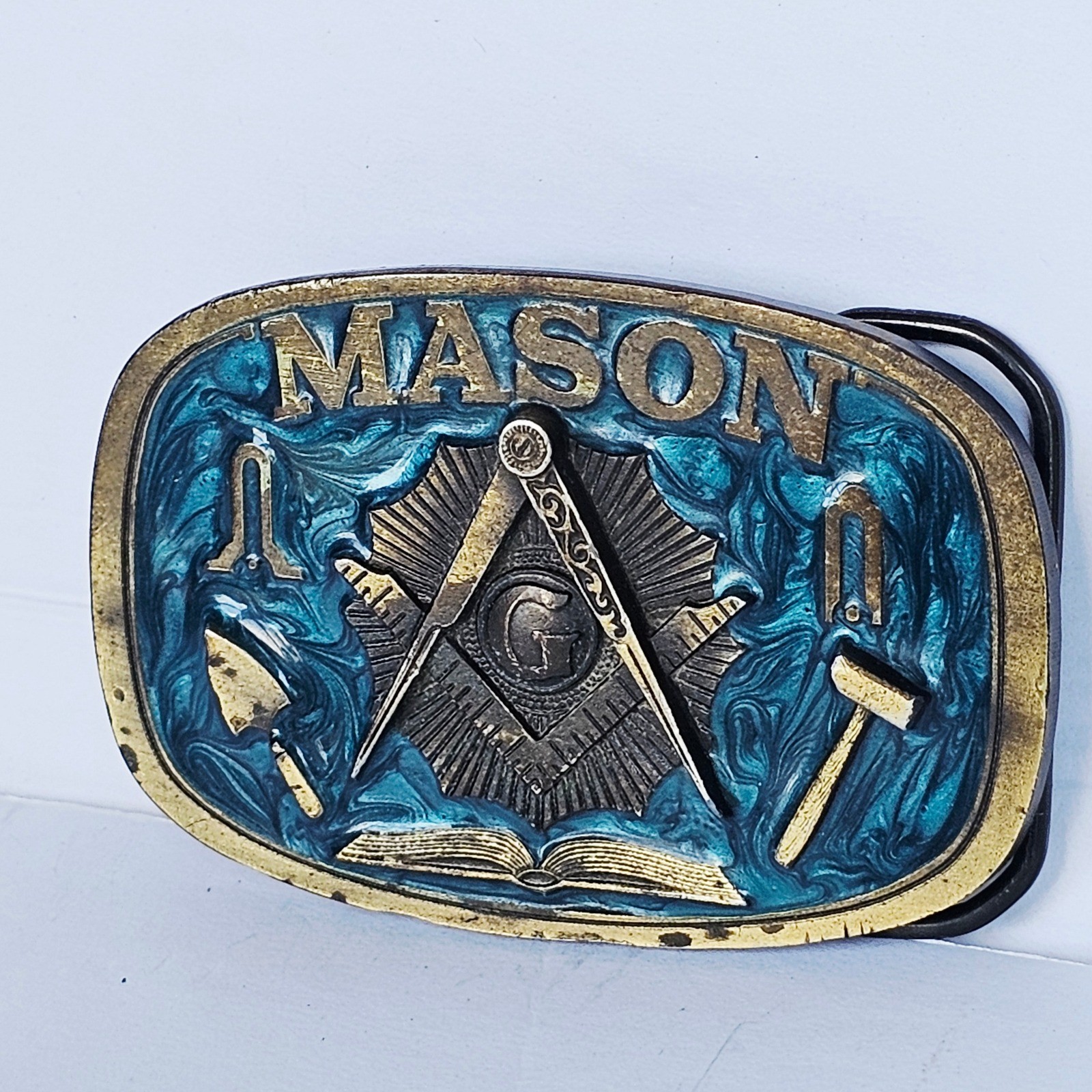 1986 The Great American Buckle Co Mason Belt Buckle Teal Enamel Masonic G USA