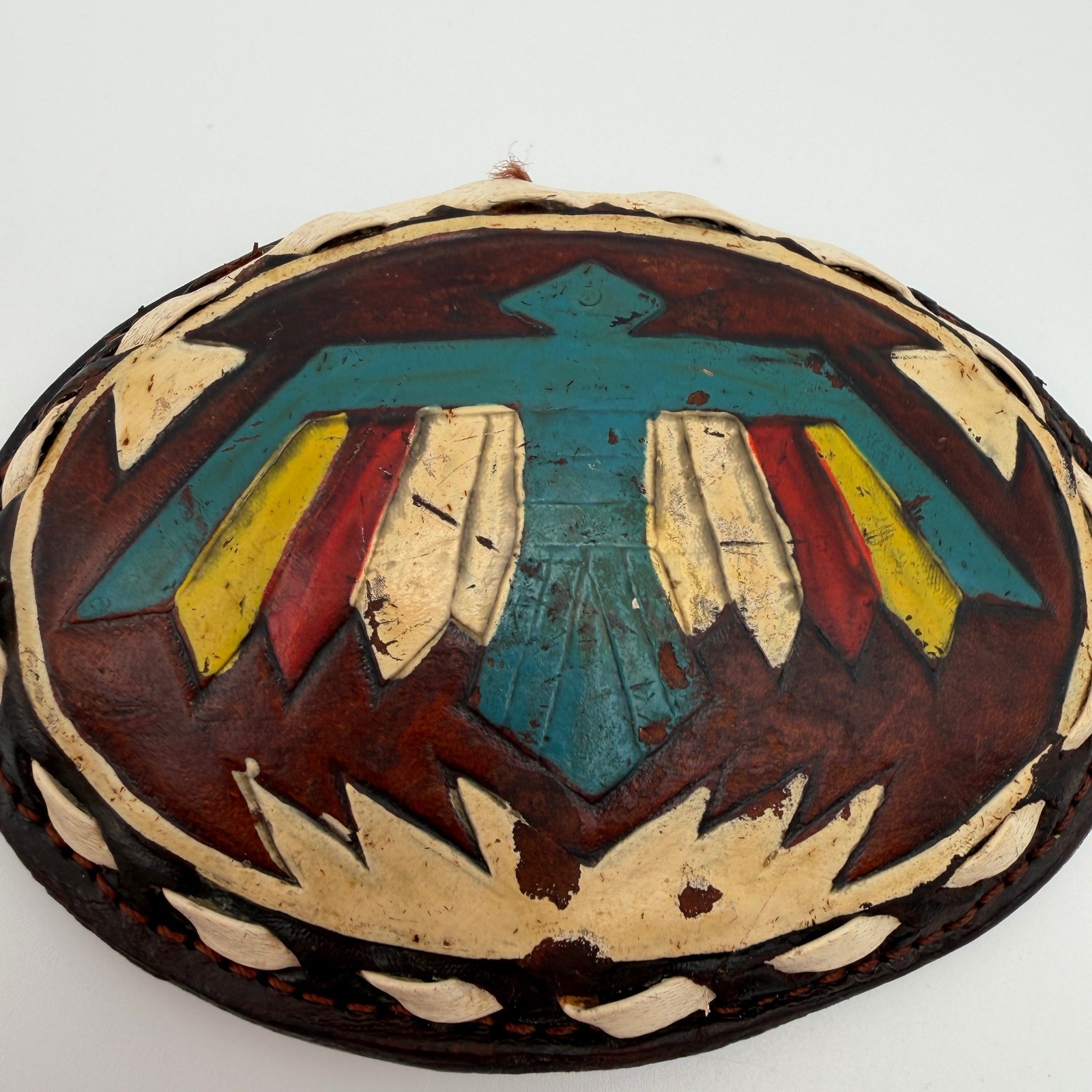 VTG Justin Leather Belt Buckle Hand Tooled Thunderbird Painted Oval 61-P