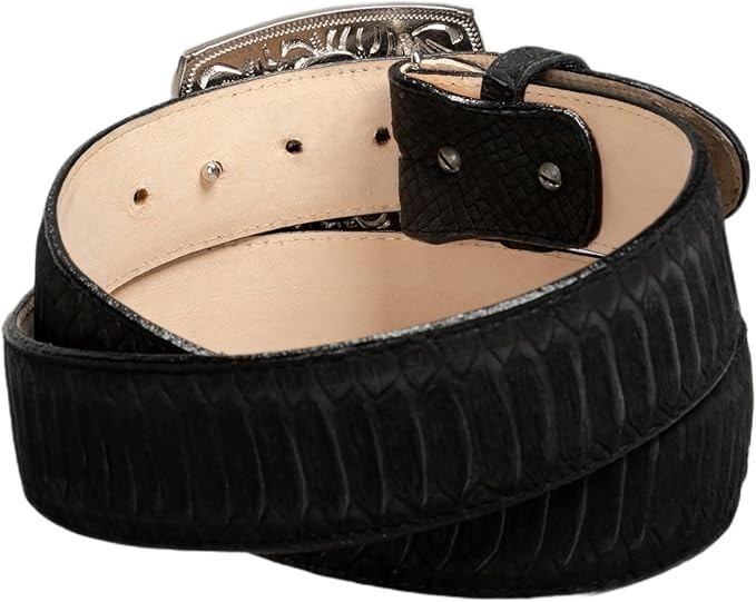 Genuine Leather Python Snakeskin Print Western Belt with Removable Buckle-Black