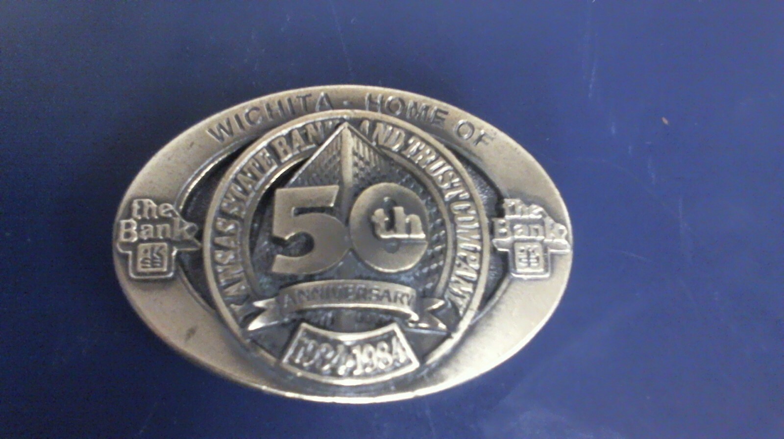 VTG Kansas State Bank & Trust Company ProAd Belt Buckle 50th Anniversary 1984