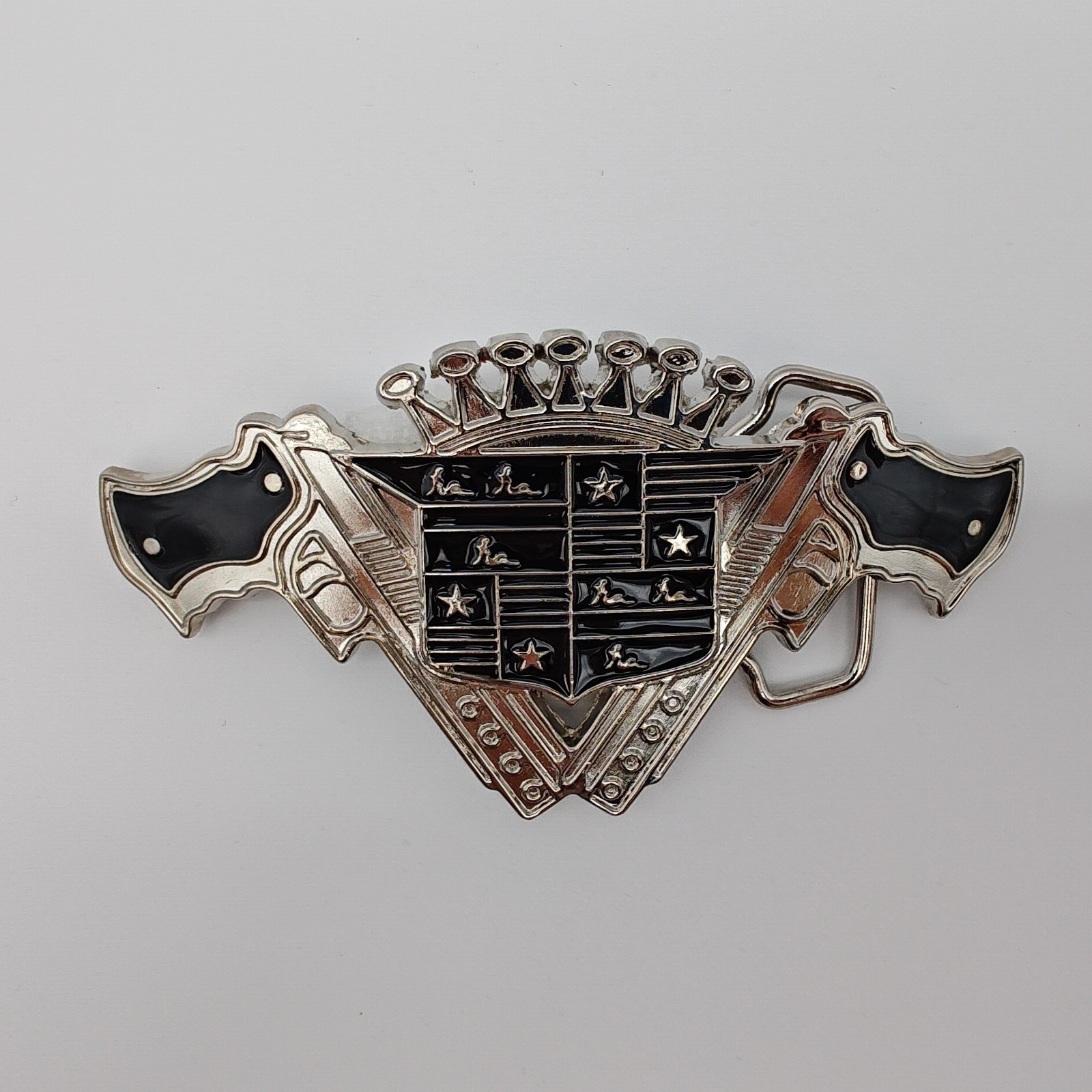 Western Outlaw Style Belt Buckle Crossed Revolvers Silver Tone Black Enamel