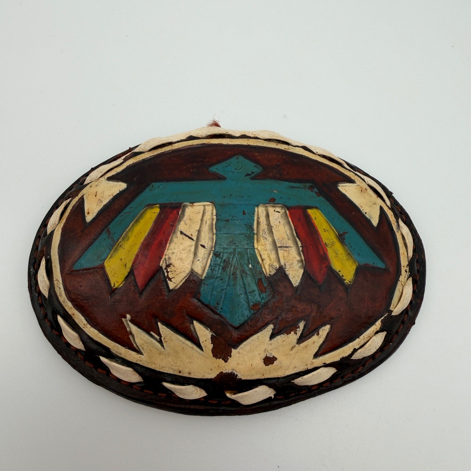 VTG Justin Leather Belt Buckle Hand Tooled Thunderbird Painted Oval 61-P