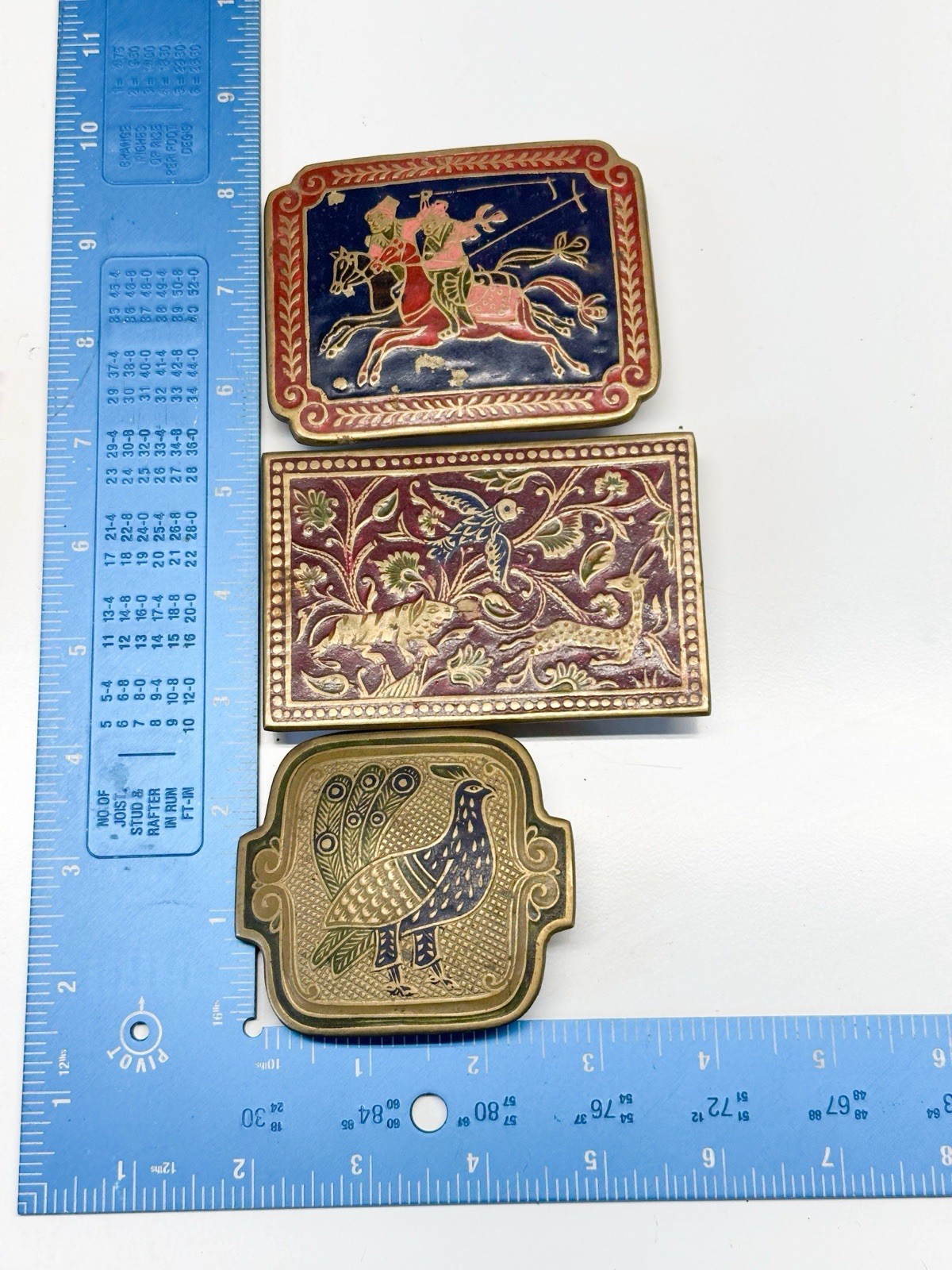 3 Handmade India Brass Belt Buckle Geometric Brutalist Cloisonné Enamel Vintage