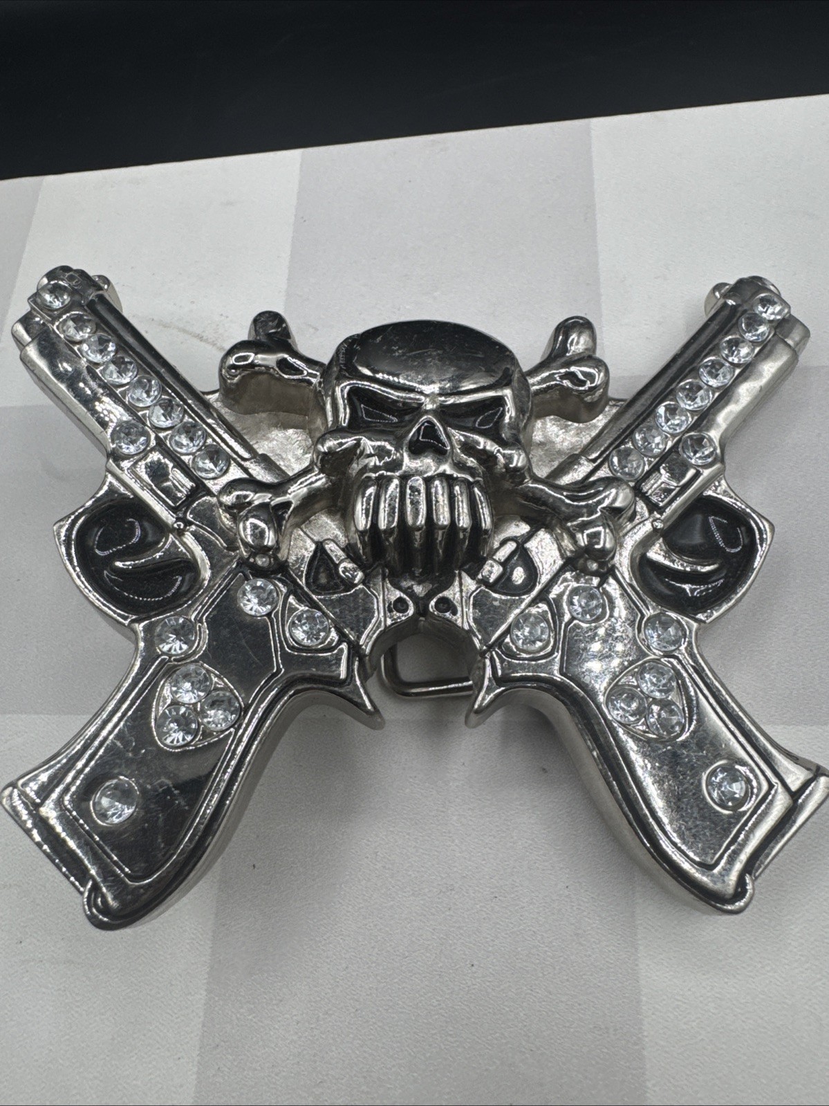 Rockin Rebel / Jeweled Skull And Guns Buckle / Rhinestones Belt Unisex 4”X3.5”