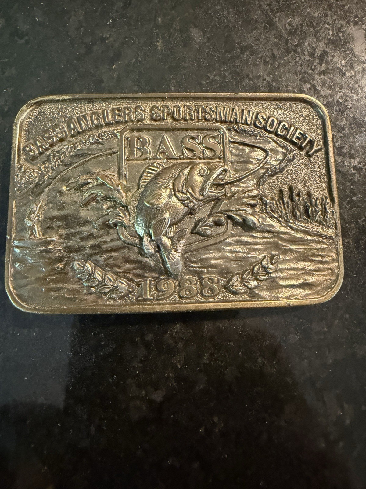 Vintage 1988 Bass Anglers Sportsman Society Brass Belt Buckle. USA