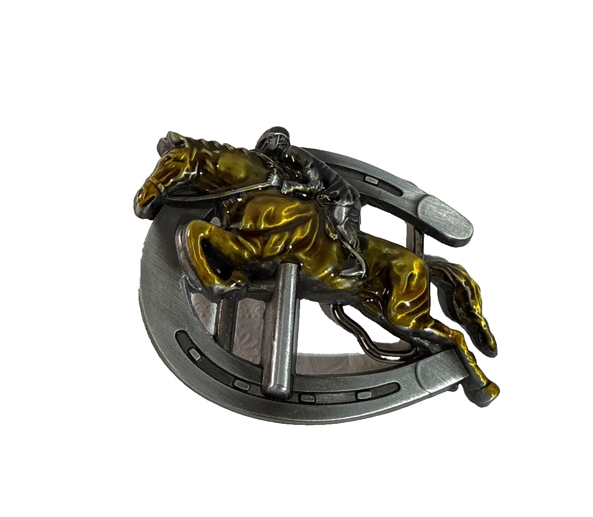 Metal Finish Belt Buckle with Horseshoe and Riding Jockey