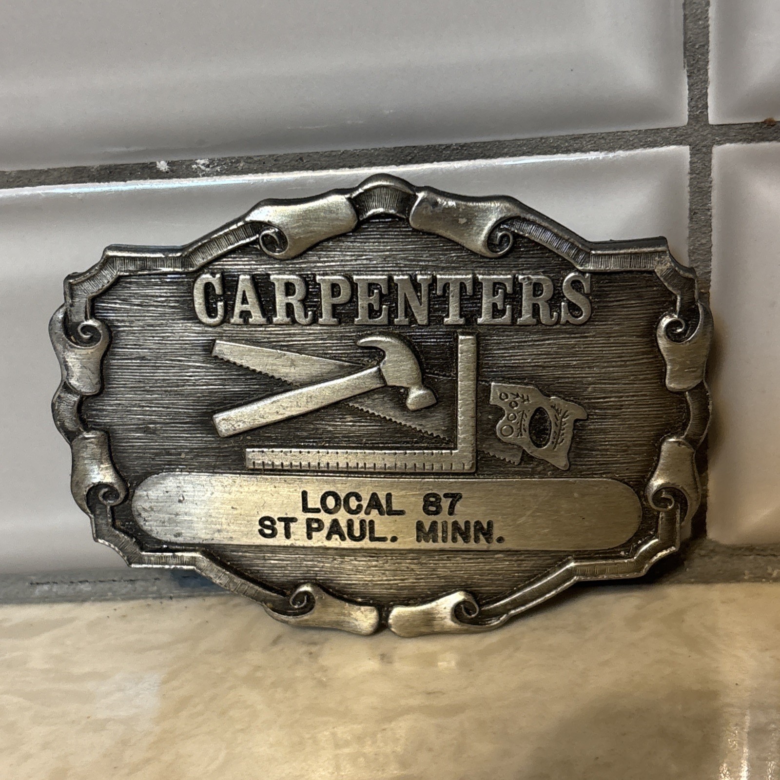 Metal Carpenter Belt Buckle (70’s or 80’s, R&M Industries) Tools Hammer Square