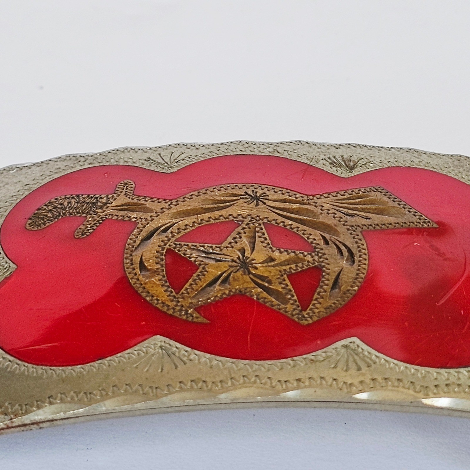 Vtg 70s Shriners Masonic Belt Buckle Red Silver Gold Scimitar Crescent Western