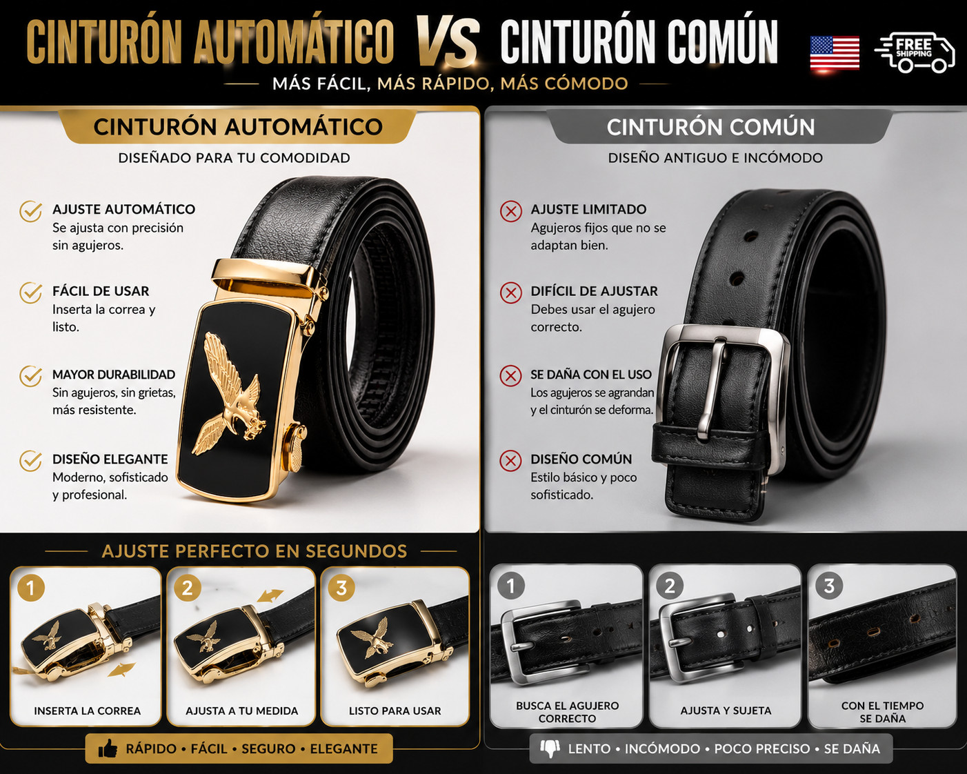 Men Eagle Buckle Belt Automatic Ratchet PU Leather Adjustable Black