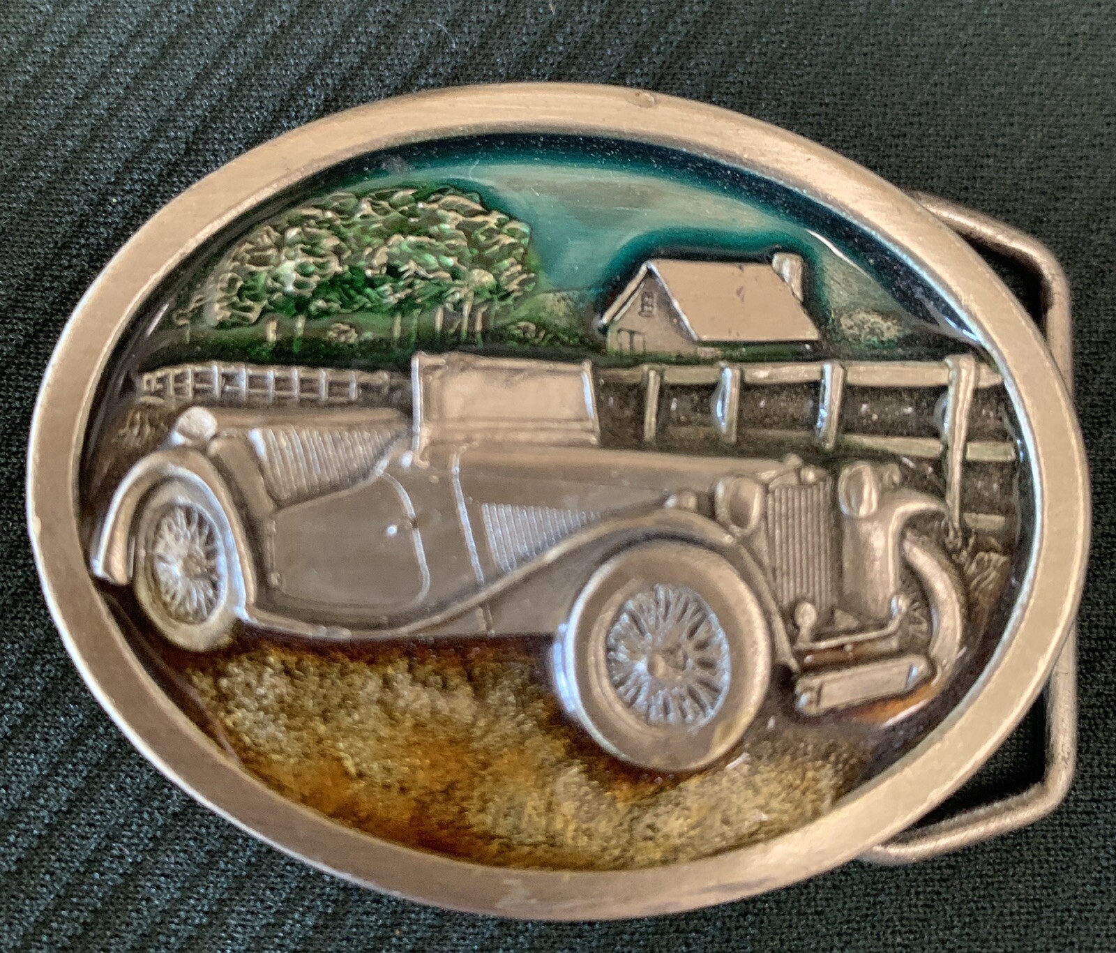 VINTAGE Belt Buckle PEWTER/ENAMEL Antique Convertible Car Fence Farm House 1984