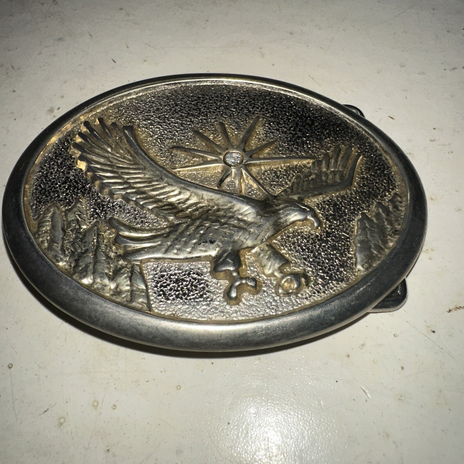 VINTAGE BELT BUCKLE Majestic Eagle Sun Trees Star Jewel Flying Oval Metal USA