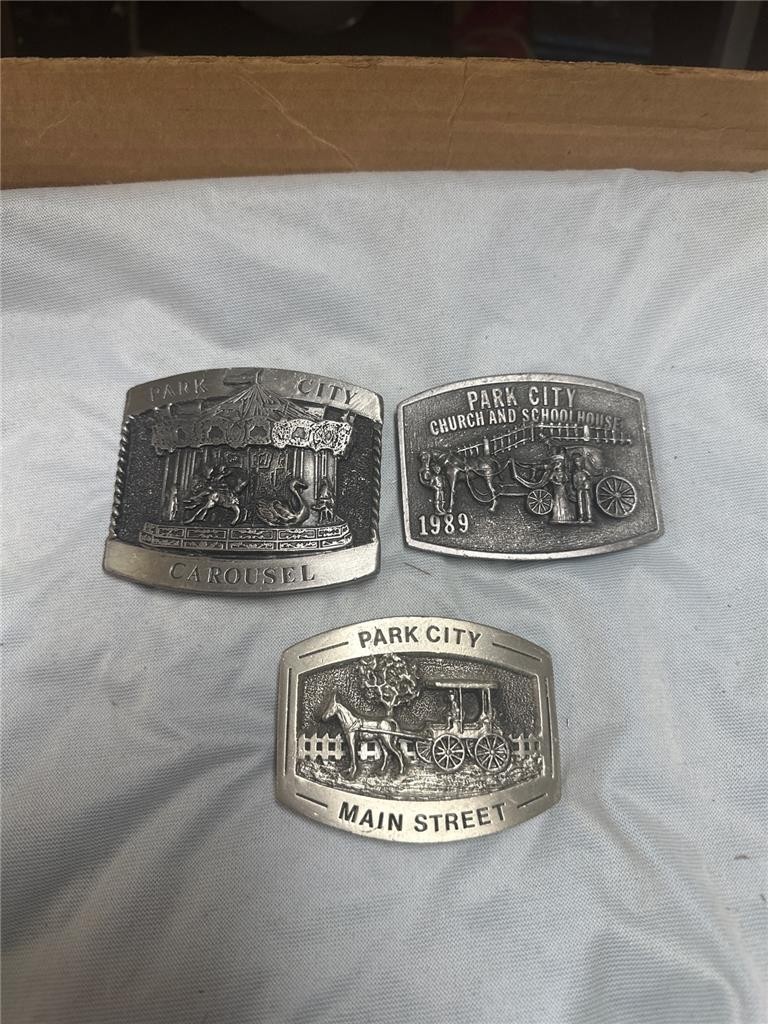 Vintage Park City Belt Buckle Lot of 3 Buckles – Carousel, Main St., Church