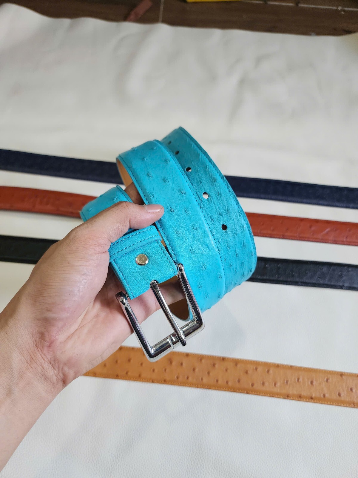 3.8CM Turquoise 100% Genuine Body Ostrich Leather Skin Mens Belt Buckle-Handmade