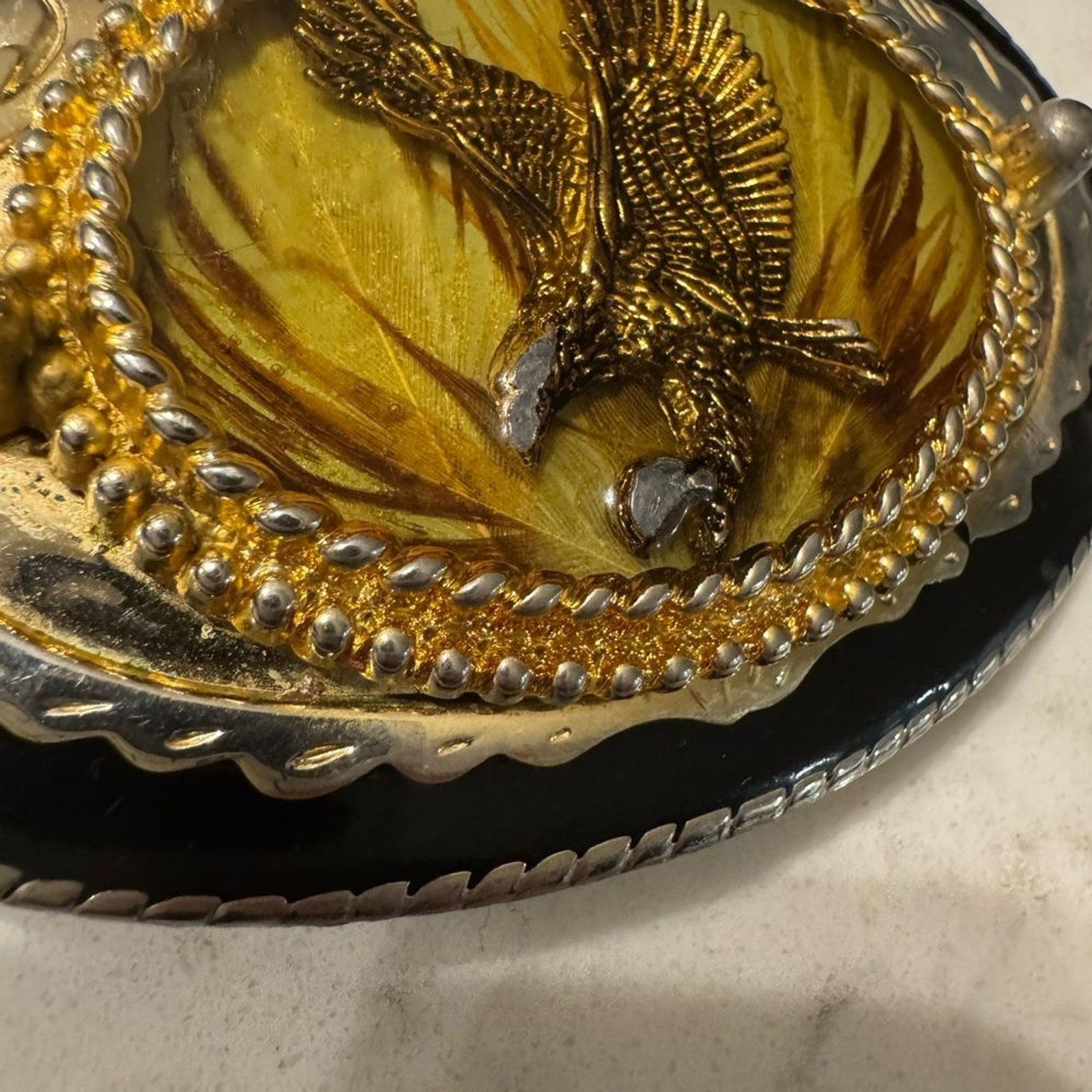 Vintage 80s Western Eagle Belt Buckle Gold Amber USA