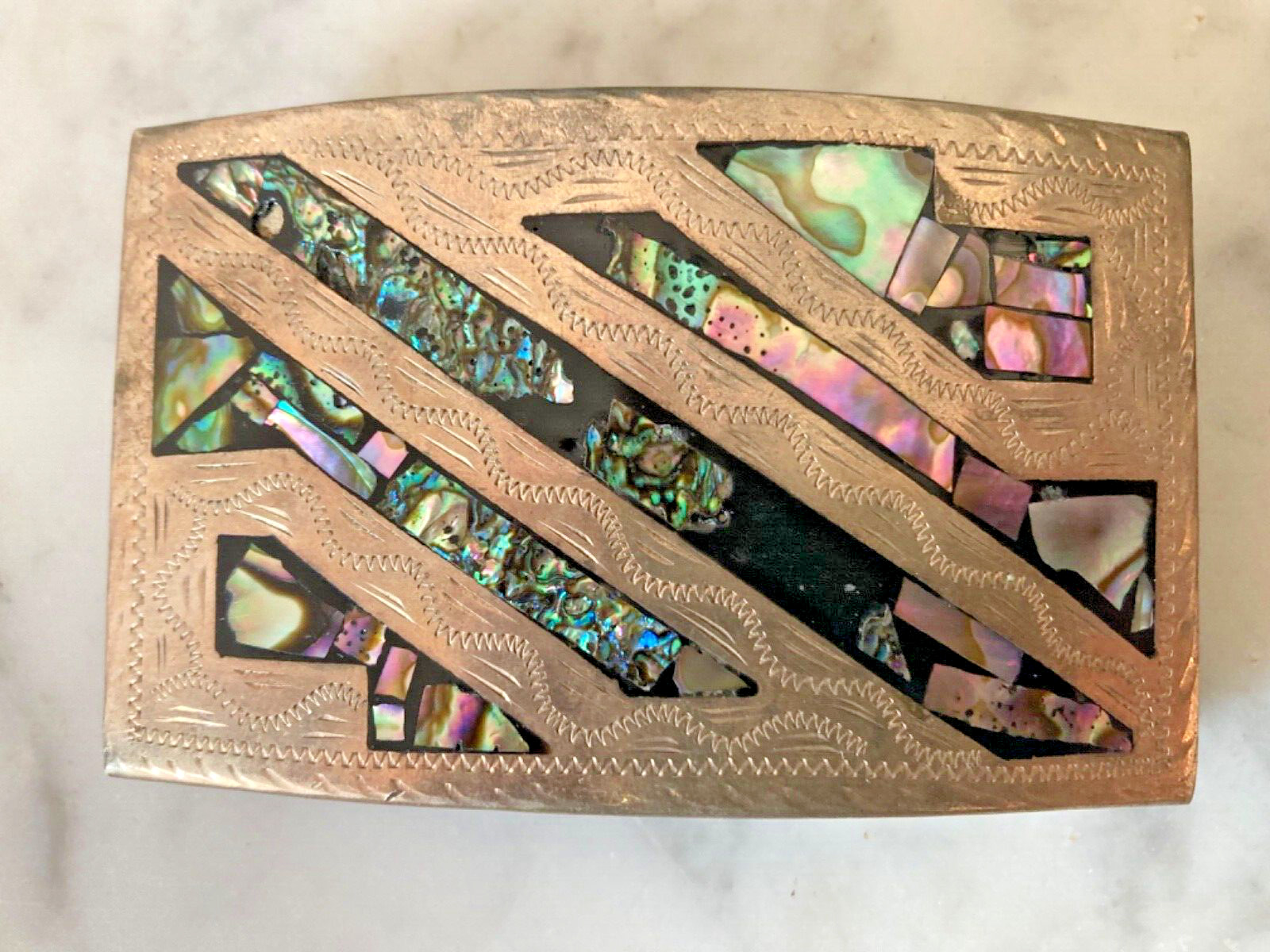 VTG ALPACA SILVER BELT BUCKLE ABALONE SHELL INSET ENGRAVED ARCHED SIGN