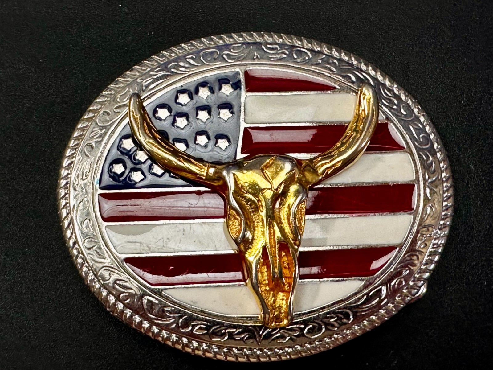 Texas Longhorn United States Flag Stars Stripes Forever Enameled Belt Buckle