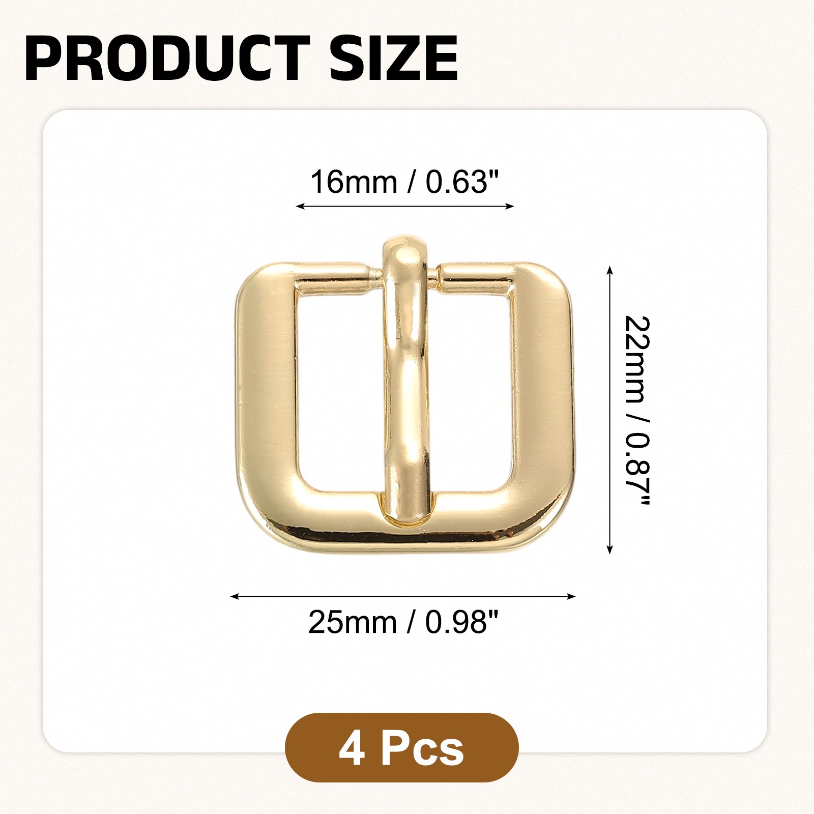 Metal Roller Buckle, 4Pcs 0.63&Prime; Square Single Prong Belt Buckle, Light Gold