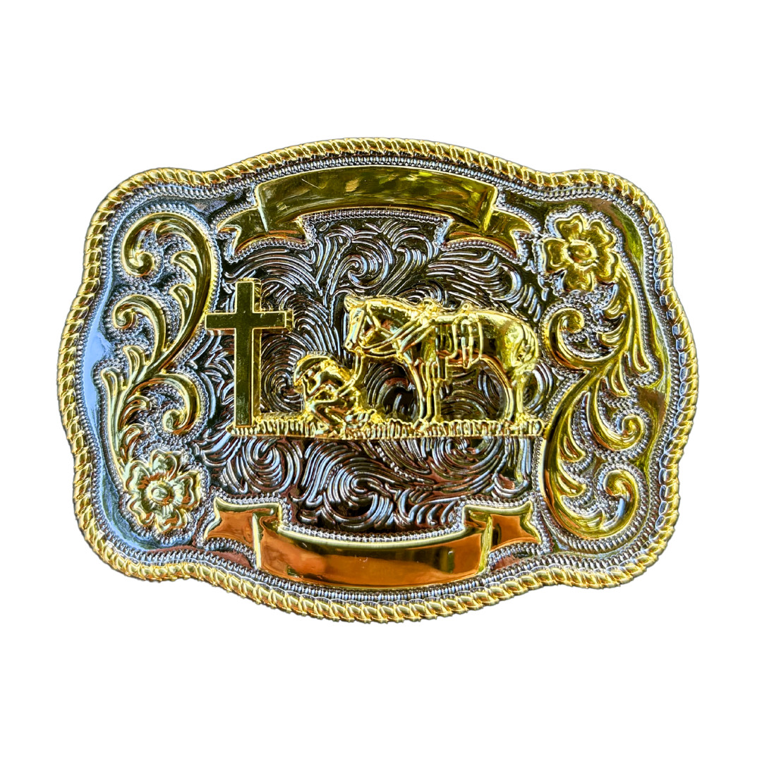 Praying Cowboy Western Belt Buckle – Gold & Silver Tones Hebilla Vaquera