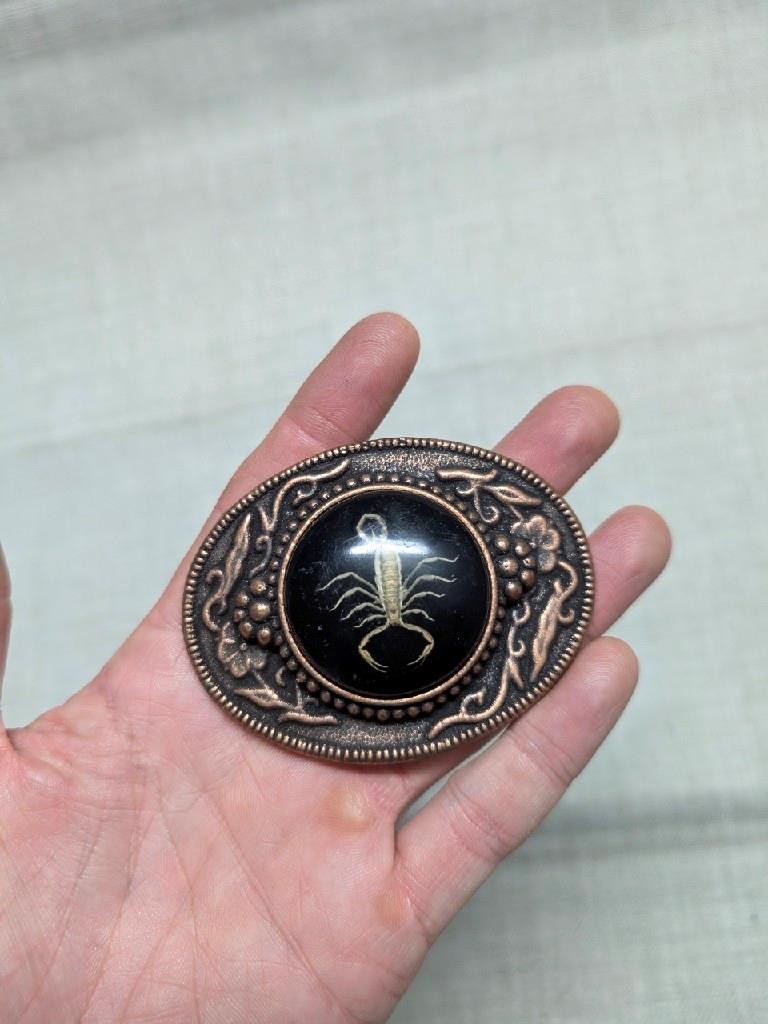 vintage USA made SCOROPION belt buckle WESTERN epoxy COWBOY copper engraved