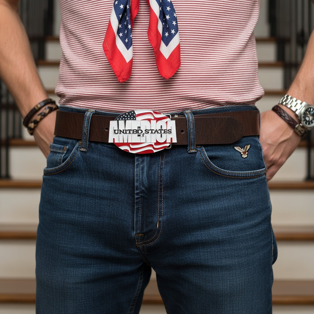 Men Women Silver Metal Buckle Fashion United States Of America Flag USA 4th July