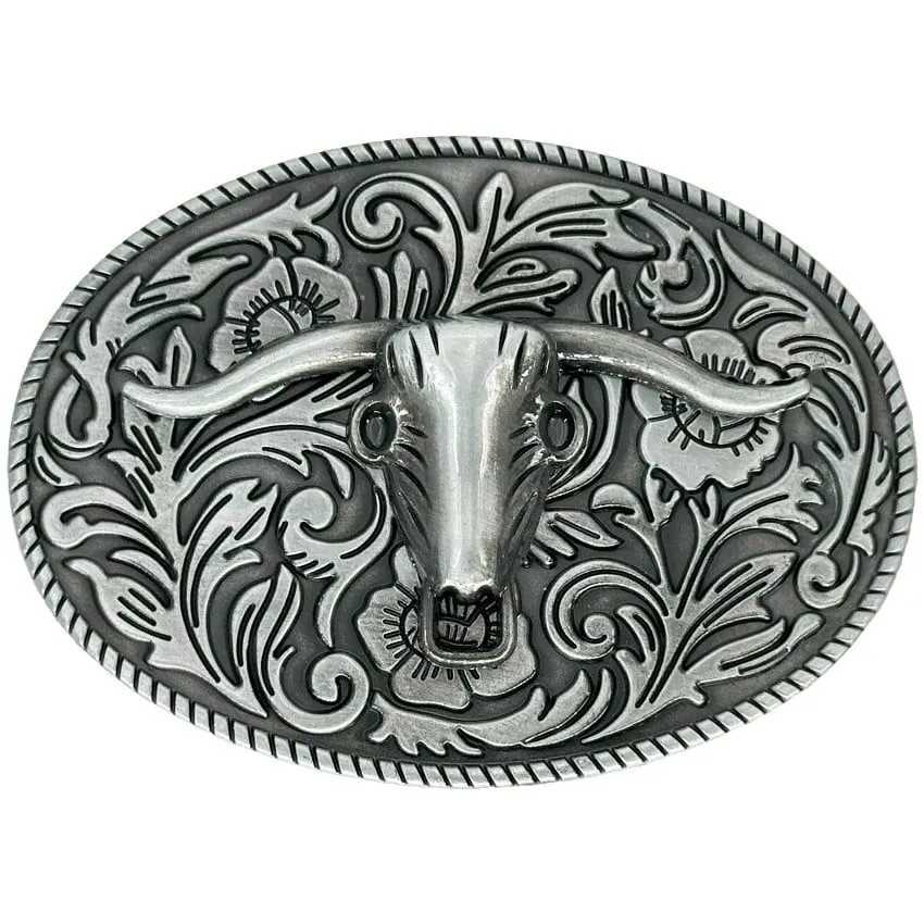 NEW Men Western Belt Buckle Silver Metal Longhorns Bull Oval Filigree Cow Skull