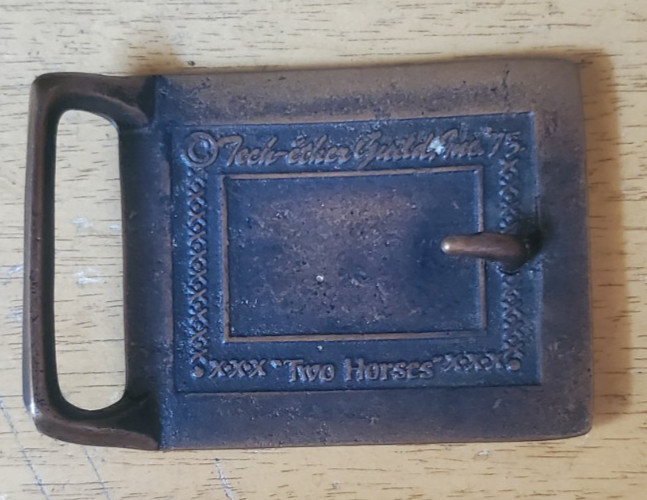 vintage TECH-ETHER GUILD belt buckle BRASS two horses 1975 jesse mcleod WESTERN