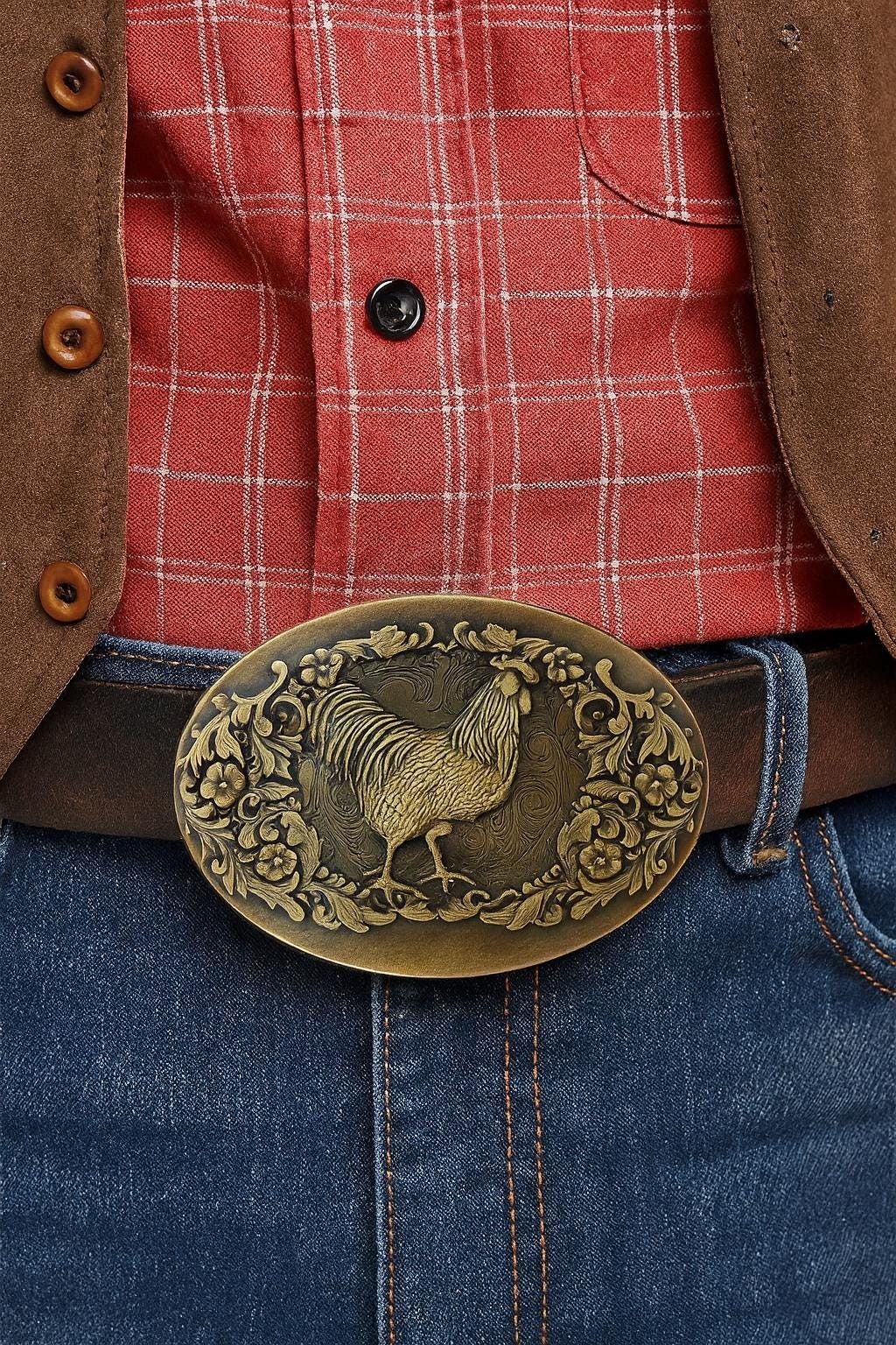 Engraved Rooster Belt Buckle Brass Plated Metal Western Cowboy 1.5 Inch