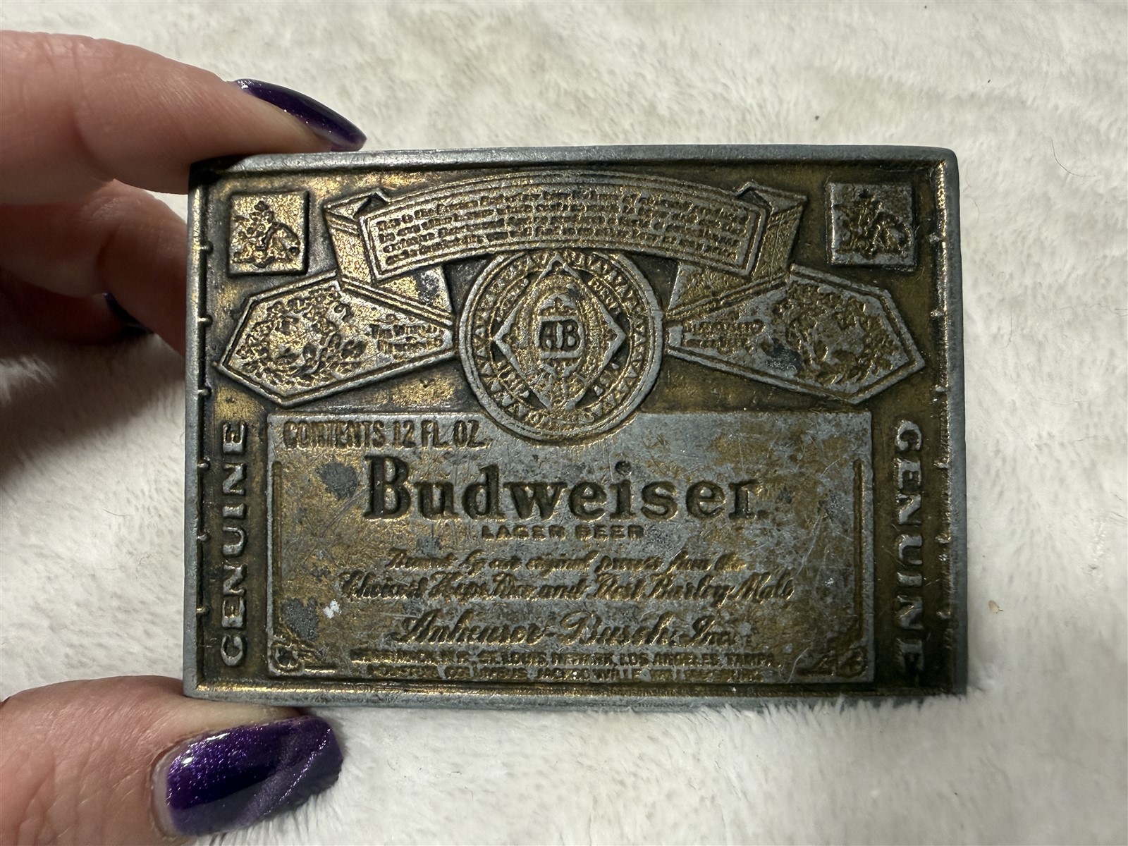 VINTAGE ANHEUSER BUSCH BUDWEISER BEER CAN LABEL BRASS BELT BUCKLE
