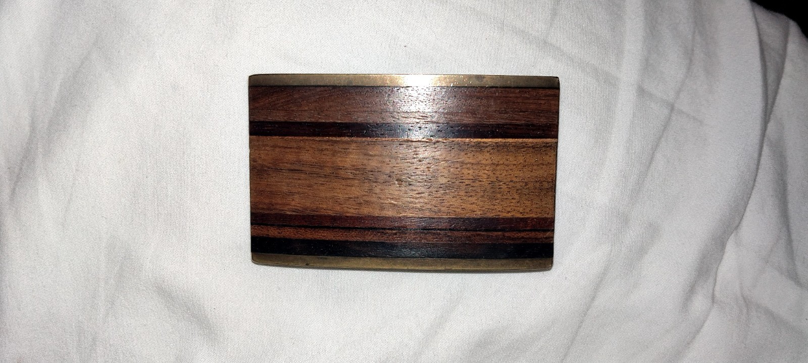 Vintage Kenneth Reid Albuquerque NM Exotic Wood Inlaid In Brass Belt Buckle