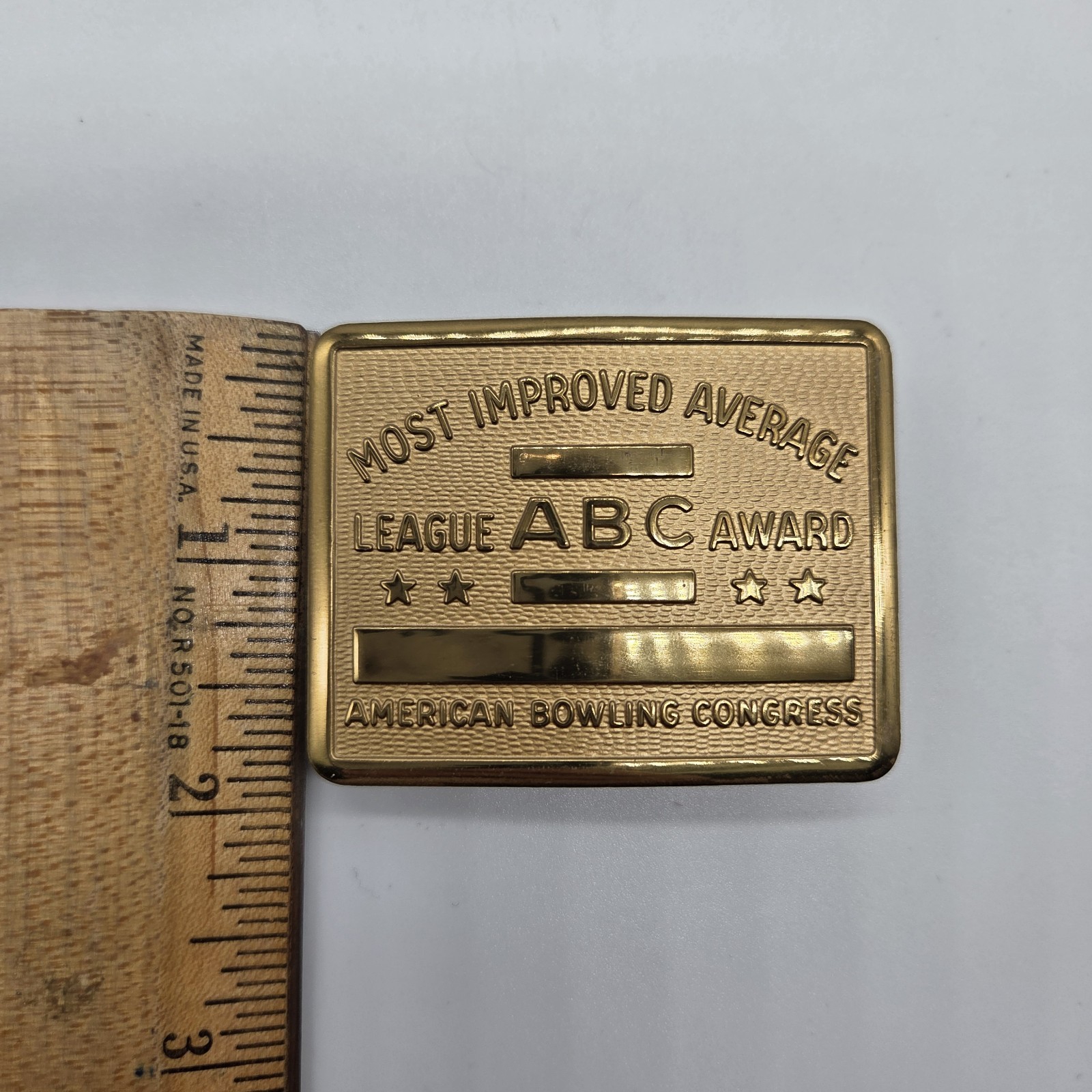 Vintage ABC Bowling League Award Brass Belt Buckle Most Improved Average