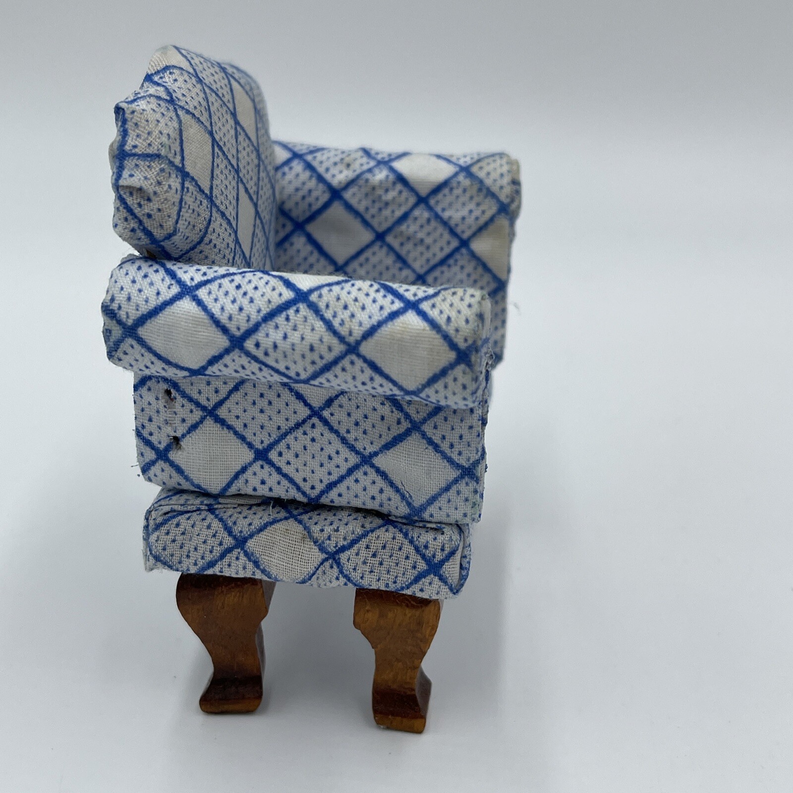 Vintage Doll House Upholstered Arm Chair Checker Stripes White Blue Print READ