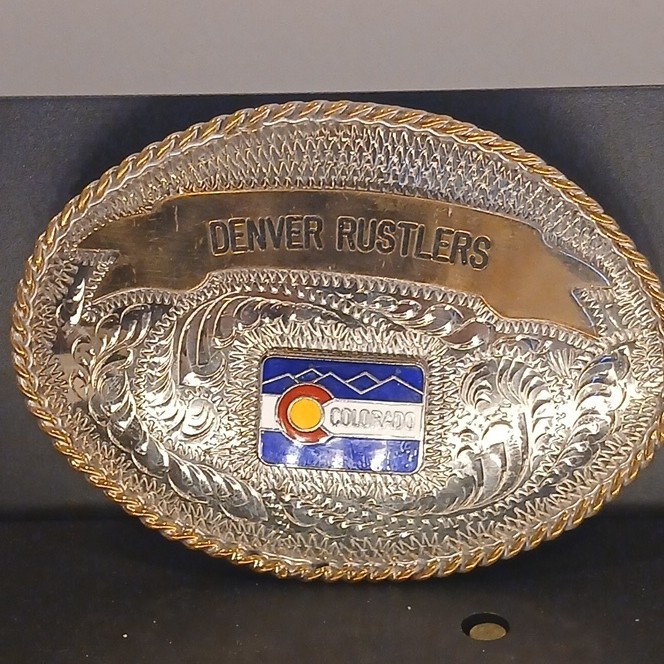 Lot of 2 Oval Western Belt Buckles Denver Rustlers Colorado Flag & US