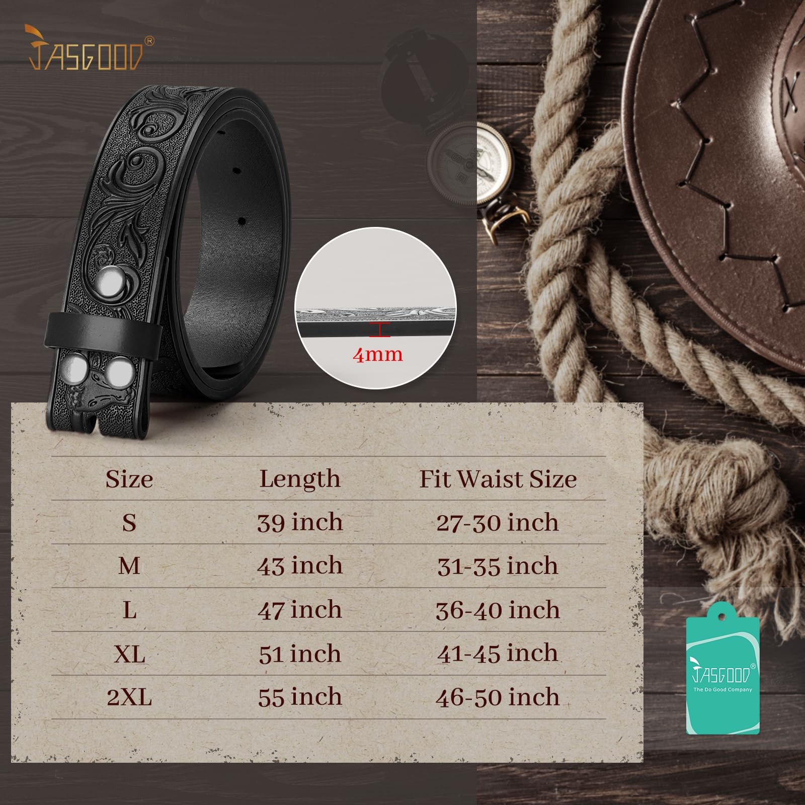 JASGOOD Western Leather Fit waist size 27-30 »(belt length 39 »), A-black