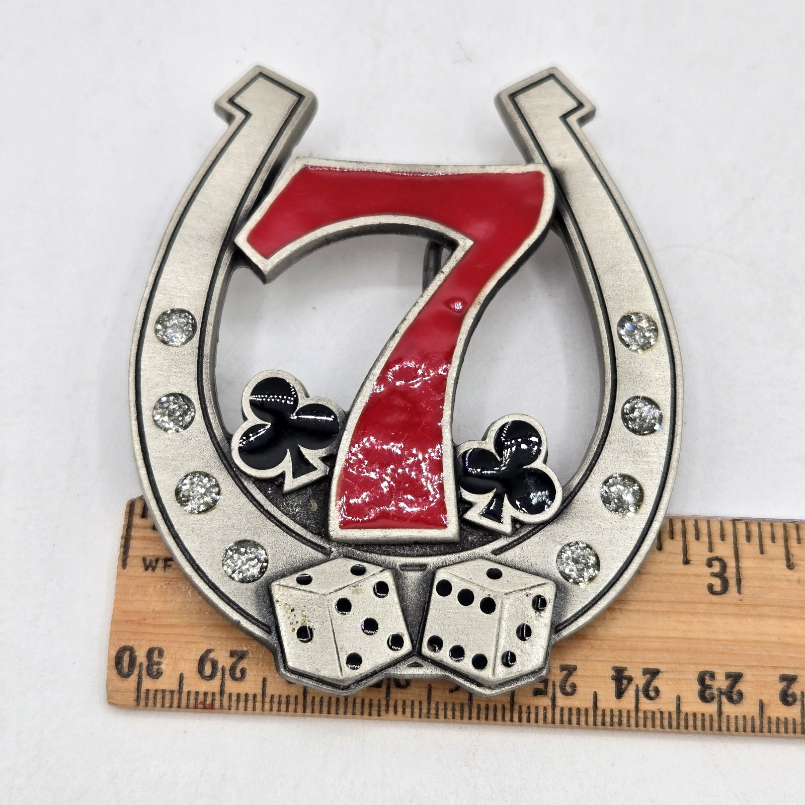 Pewter Belt Buckle Gamble Lucky 7 Horseshoe Dice Rhinestones Las Vegas